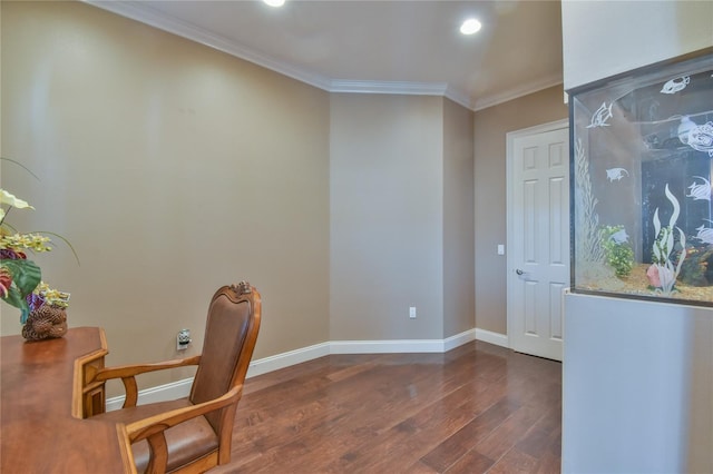 office space featuring ornamental molding and dark hardwood / wood-style floors