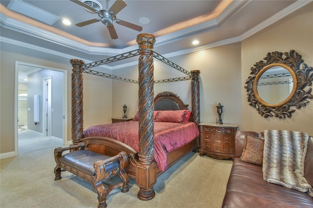 bedroom with carpet, ceiling fan, a raised ceiling, and crown molding