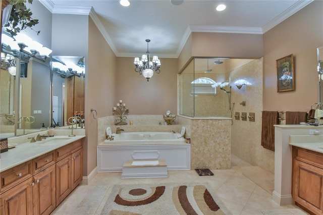 bathroom featuring tile patterned flooring, ornamental molding, vanity, a chandelier, and independent shower and bath