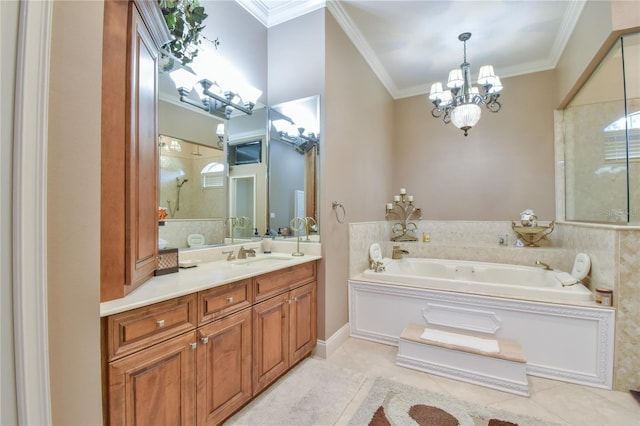 bathroom with tile patterned flooring, a chandelier, vanity, a bathtub, and ornamental molding