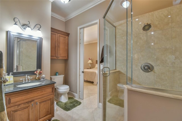 bathroom featuring tile patterned floors, toilet, crown molding, and vanity