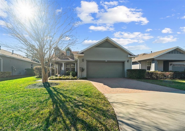 ranch-style home with a front yard and a garage