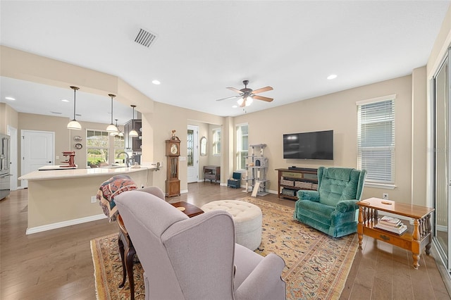 living room with ceiling fan and hardwood / wood-style flooring