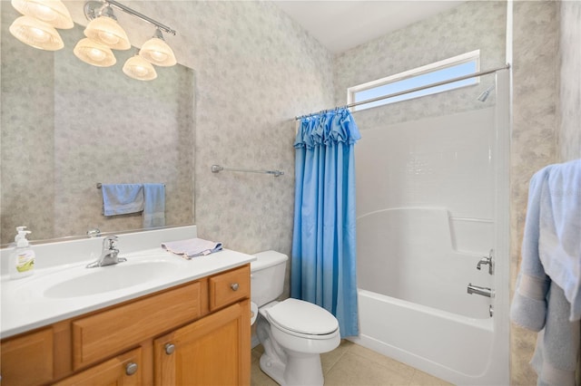 full bathroom with tile patterned flooring, toilet, vanity, and shower / bath combo