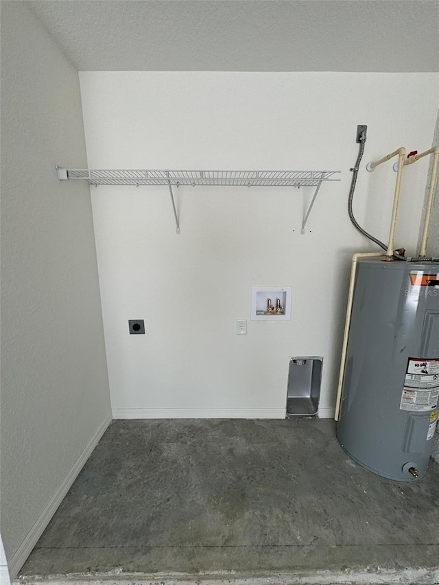 laundry area featuring water heater, hookup for a washing machine, and hookup for an electric dryer