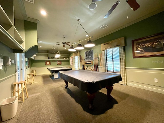 playroom featuring crown molding, carpet flooring, pool table, and ceiling fan