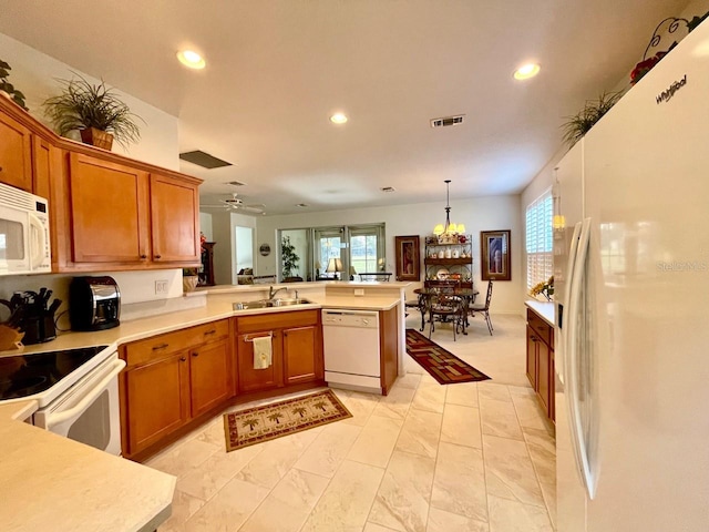 kitchen with pendant lighting, sink, ceiling fan, kitchen peninsula, and white appliances