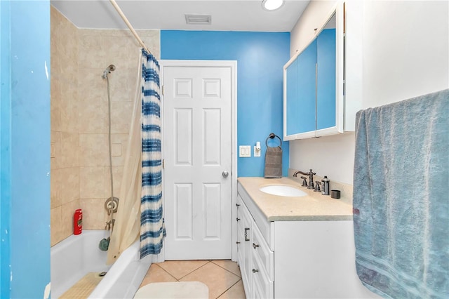 bathroom featuring tile floors, shower / tub combo with curtain, and oversized vanity