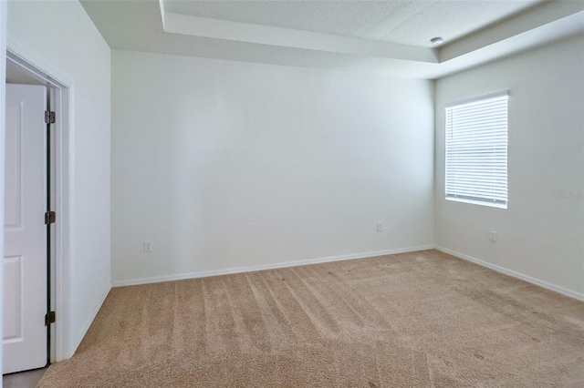 spare room featuring a tray ceiling and carpet