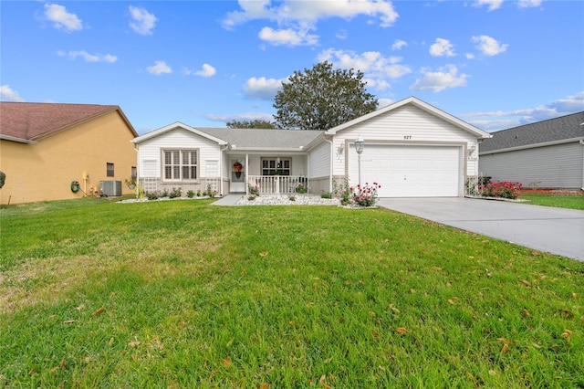 single story home with central air condition unit, a garage, and a front yard