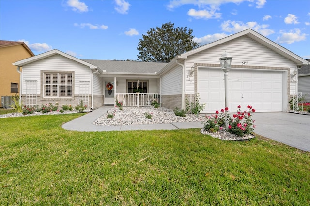 ranch-style home with a front yard and a garage