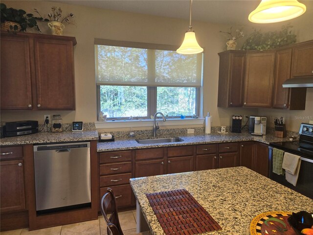 kitchen featuring light stone countertops, sink, light tile floors, range with electric stovetop, and stainless steel dishwasher