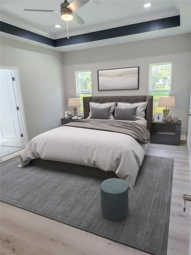 bedroom with ceiling fan, a raised ceiling, multiple windows, and light hardwood / wood-style floors