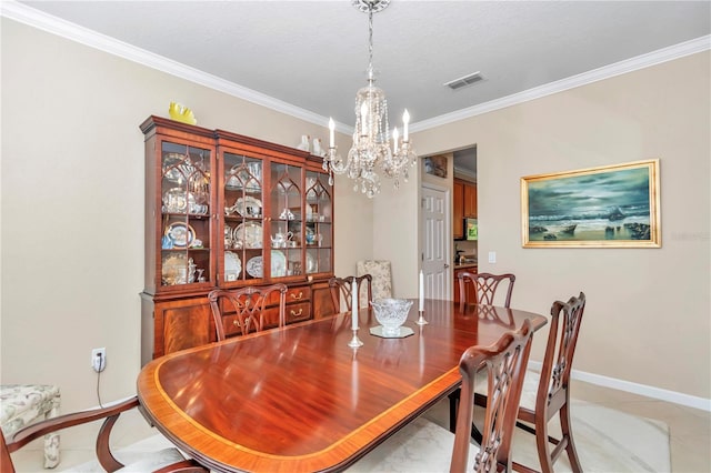 dining area with light tile floors, a textured ceiling, a chandelier, and crown molding