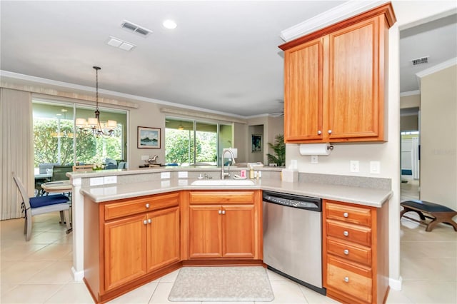 kitchen featuring light tile flooring, a notable chandelier, sink, and stainless steel dishwasher