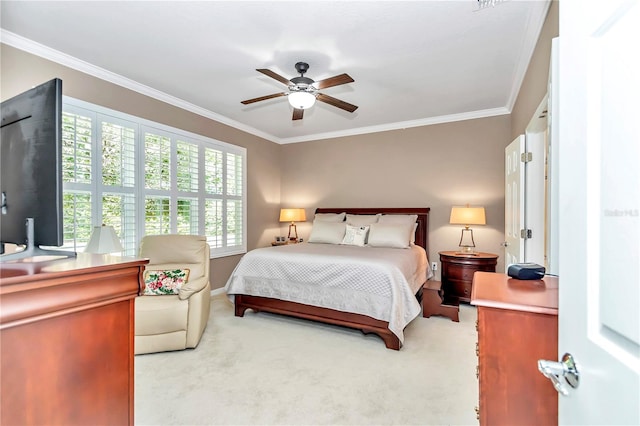 bedroom featuring light carpet, ceiling fan, and ornamental molding