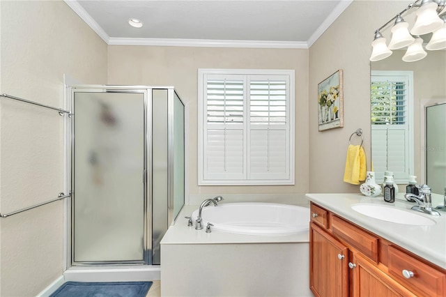 bathroom with oversized vanity, ornamental molding, and separate shower and tub