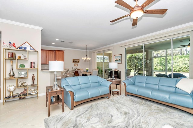 tiled living room featuring ceiling fan with notable chandelier and ornamental molding