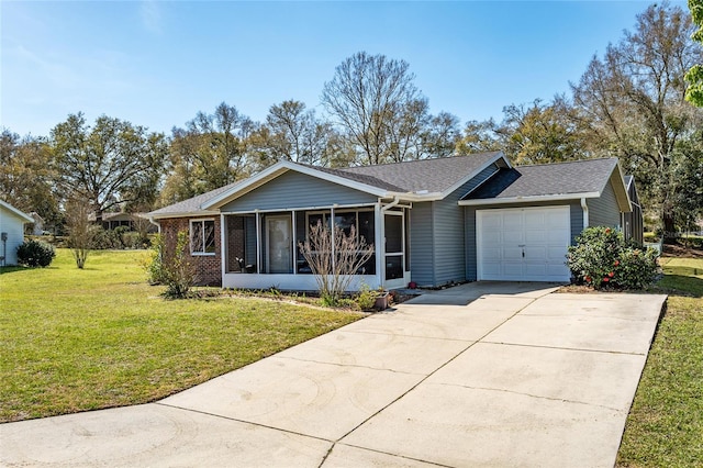 single story home featuring a front yard and a garage