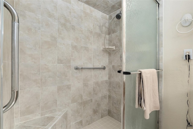 bathroom with a shower with shower door