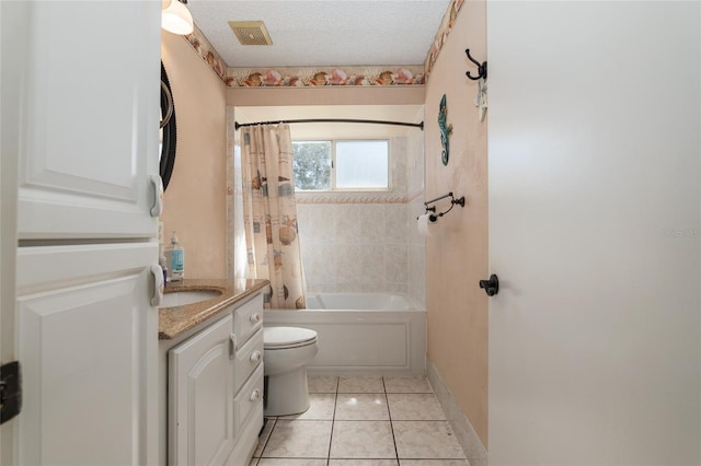 full bathroom with vanity, shower / bathtub combination with curtain, tile flooring, a textured ceiling, and toilet