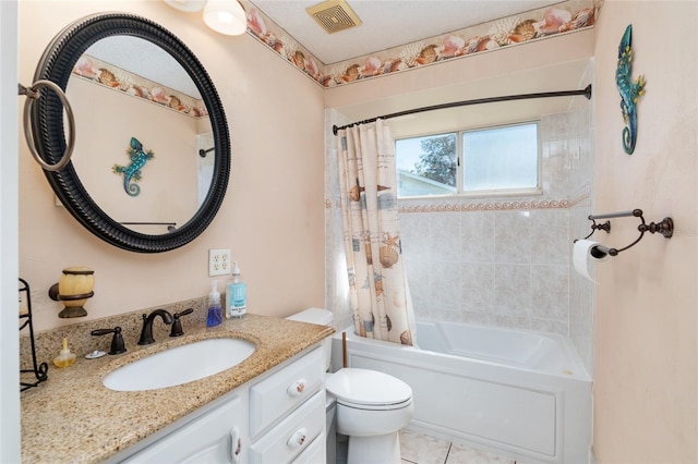 full bathroom with shower / tub combo, tile flooring, large vanity, and toilet