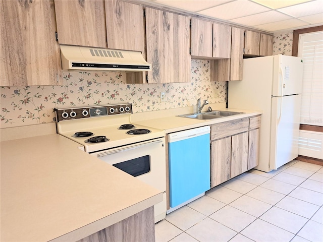 kitchen featuring sink, extractor fan, white appliances, light brown cabinetry, and light tile patterned floors