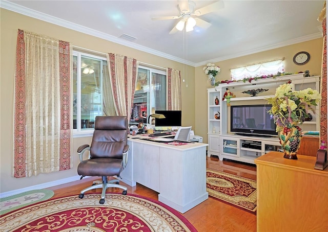 office space featuring ornamental molding, visible vents, and wood finished floors