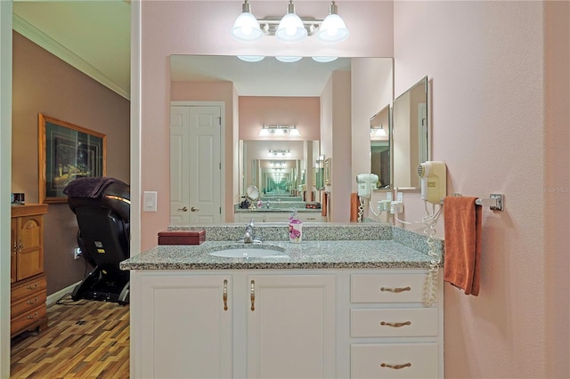 bathroom with wood finished floors and vanity