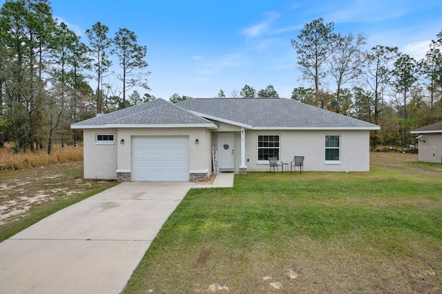 single story home featuring a front yard and a garage