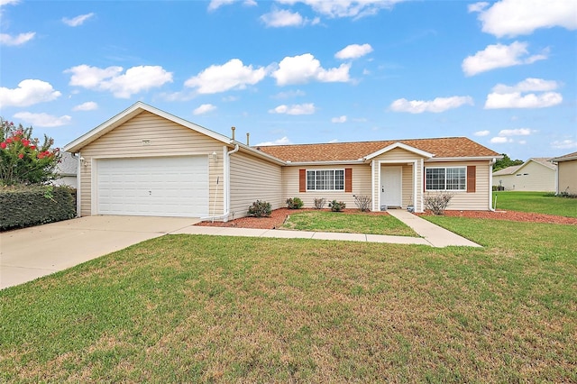 single story home with a front yard and a garage