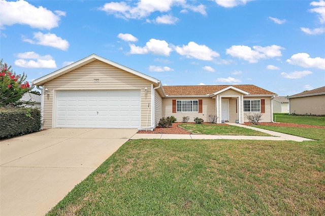 ranch-style home featuring a front yard and a garage