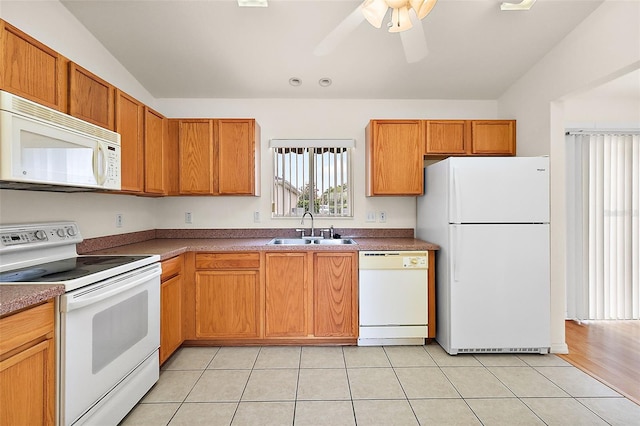 kitchen featuring ceiling fan, sink, light tile patterned floors, and white appliances