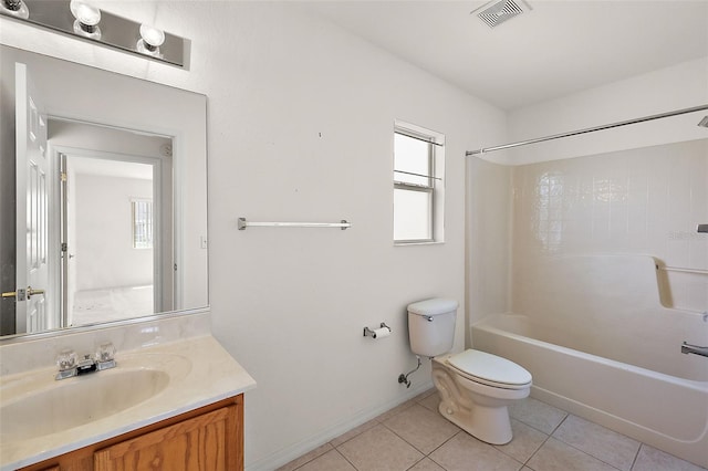 full bathroom featuring tile patterned floors, vanity, shower / tub combination, and toilet