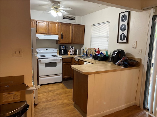 kitchen featuring kitchen peninsula, ceiling fan, sink, white electric range oven, and light hardwood / wood-style floors