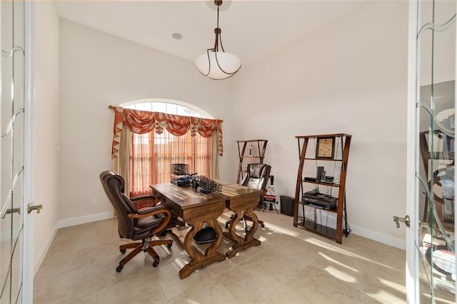 tiled office space featuring french doors