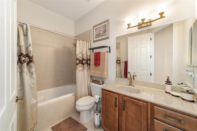 full bathroom featuring toilet, shower / tub combo, vanity, and tile flooring