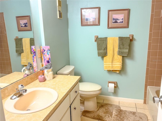 full bathroom featuring oversized vanity, toilet, bathing tub / shower combination, and tile flooring