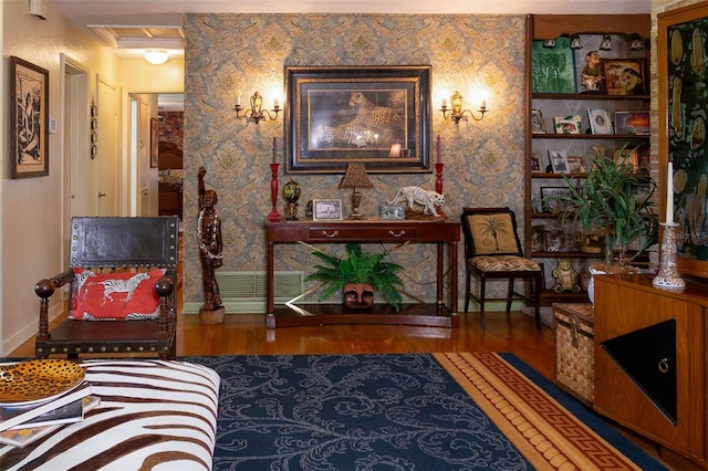 living room with dark hardwood / wood-style flooring