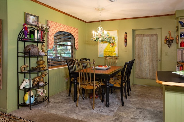 dining space featuring dark tile flooring and an inviting chandelier