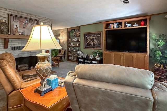 living room featuring built in shelves, light colored carpet, and a large fireplace