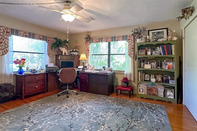 office featuring hardwood / wood-style floors and ceiling fan