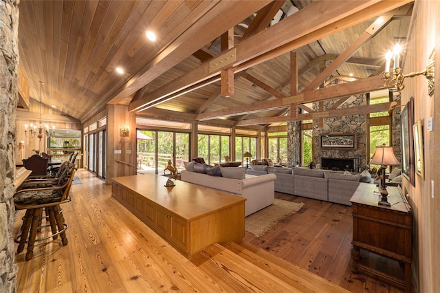 interior space with a center island, light hardwood / wood-style floors, wooden ceiling, and a fireplace