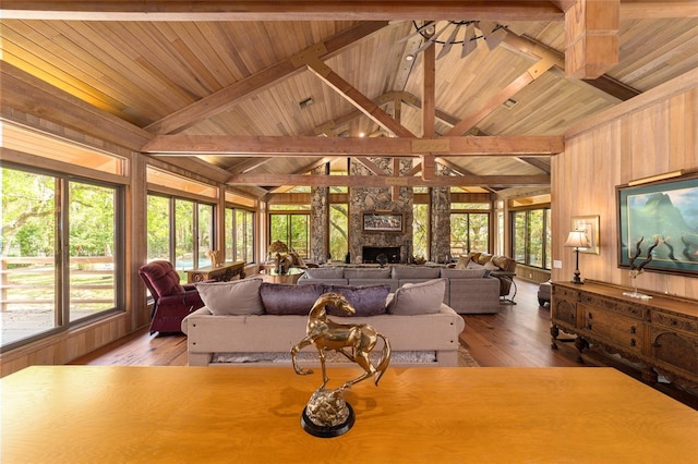 living room with beam ceiling, wood ceiling, a fireplace, and dark wood-type flooring