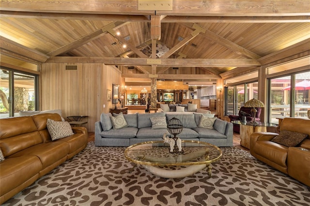 living room featuring wooden walls, a healthy amount of sunlight, and wooden ceiling