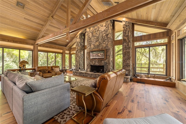 living room featuring high vaulted ceiling, beam ceiling, wood ceiling, a stone fireplace, and light hardwood / wood-style flooring