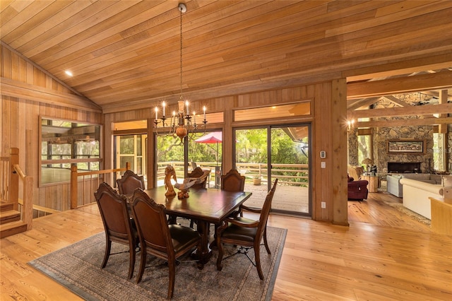 dining space with wooden walls, light hardwood / wood-style floors, wooden ceiling, an inviting chandelier, and a stone fireplace