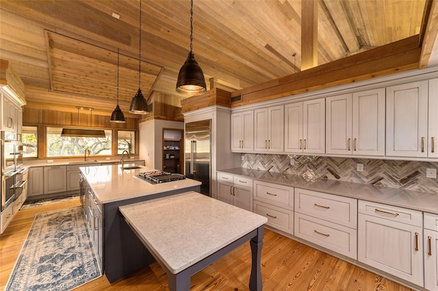 kitchen featuring pendant lighting, a center island, wooden ceiling, tasteful backsplash, and light wood-type flooring