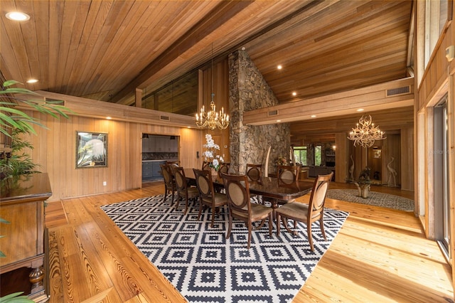 dining area featuring beam ceiling, light hardwood / wood-style floors, wood walls, and a chandelier