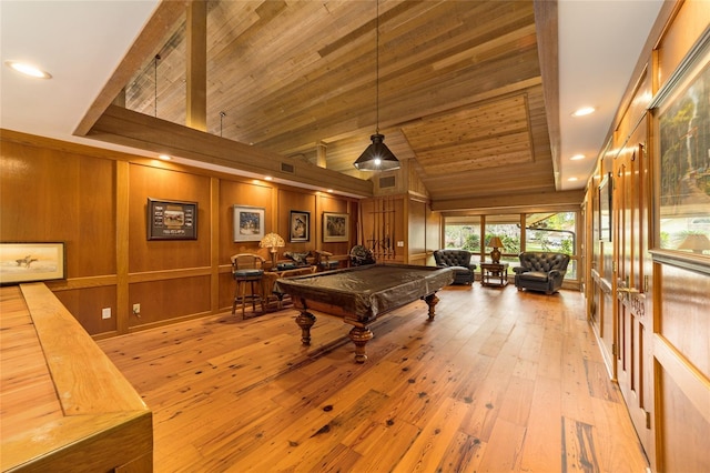 recreation room with wood walls, light hardwood / wood-style floors, vaulted ceiling, wooden ceiling, and pool table